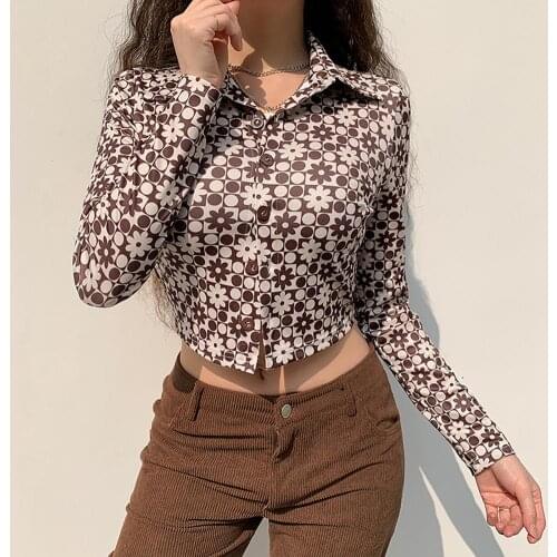Harajuku Printed Vintage Y2K Brown Crop Tops Women Casual Single-breasted Tshirts Long Sleeve Korean Cute Outfits