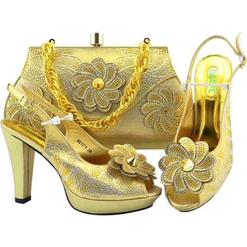 High Quality New Design Italian Elegant Gold Color Shoes And Bag To Match Set African Ladies Shoe with Shoes