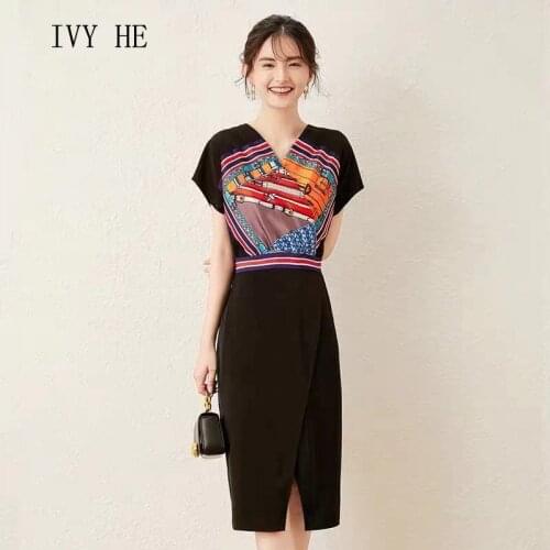 IVY HE High Quality Summer Dress Woman Clothing Patchwork Satin Print Split Midi Long Dress Traf Robe ZA Vintage Party Dresses