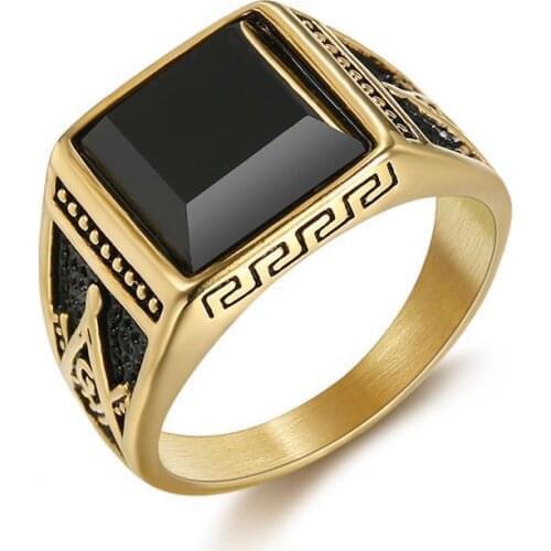 Explosion Titanium Steel Inlaid Black Agate Vintage Mens Ring