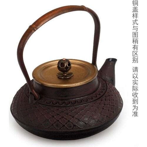 Japanese old cast iron water kettle handmade teapot purple bamboo tea pot copper cover Chinese kungfu tea retro bottle 0.9L