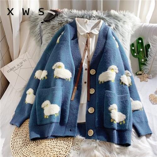 2020 Autumn New Knit Female Cardigan Loose Streetwear Knit Sweater Coat Cute Cartoon Print V Neck knitted cardigan Women Jacket