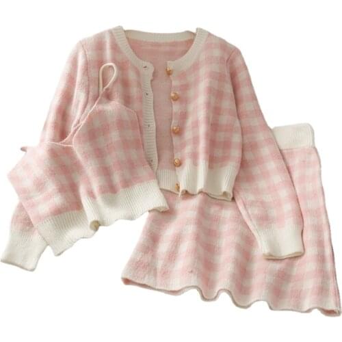 Women Fashion Knit 3 Piece Sets Plaid Sexy Little Camis Crop Top&Short Sweater Cardigan&Mini pencil Skirt Chic 3pc Dress Suits