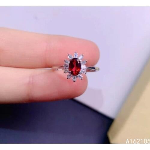 925 pure silver Chinese style natural Red topaz womens fresh elegant flower oval adjustable gem ring fine jewelry support detec
