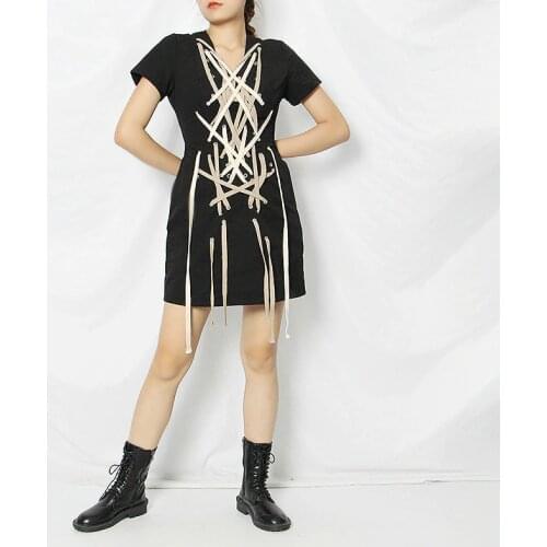 Black Dress For Women V Neck Short Sleeve High Waist Cross Bandage Lace Up Patchwork Mini Dresses Female 2021 Fall Tide C436