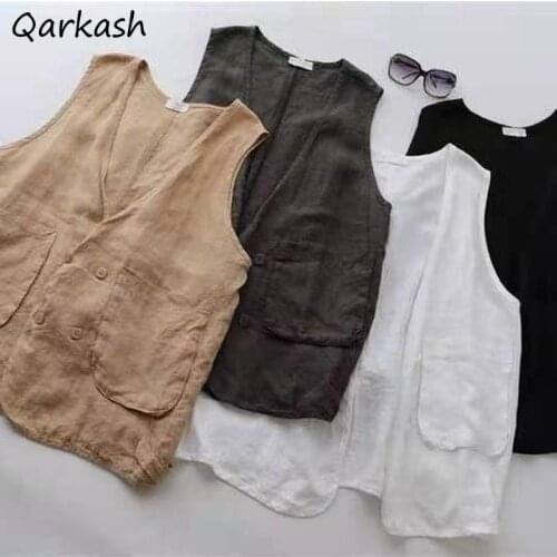 Vests Women Loose Comfortable Spring Autumn Simple Elegant Vintage Ladies Pockets Double Breasted Retro Clothing V-neck Daily
