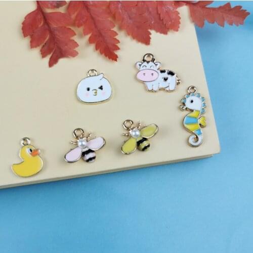 10pcs/lot Cartoon Cute Duck Bee Cow Seahorse Pendants Animal Enamel Charm for DIY Earring Jewelry Handmade Finding