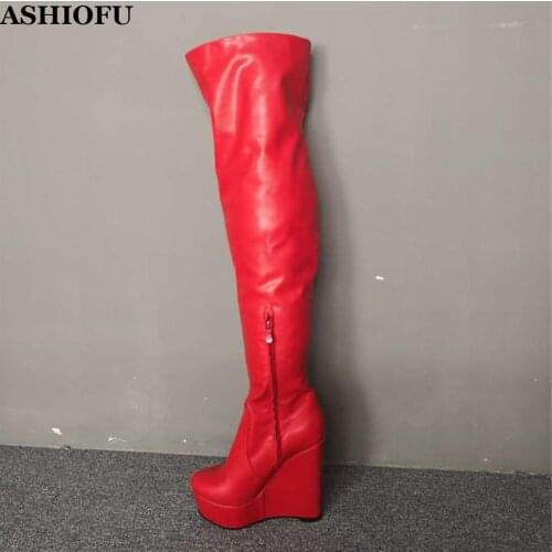 ASHIOFU New Arrival Ladies Wadge Heel Thigh High Boots Short-Plush Winter Over Knee Boots Sexy Evening Fashion Long Boots Shoes