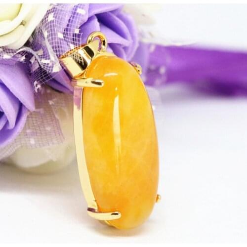 New women drop pendant yellow jades stone oval shape fit diy chain necklace gold-color jewelry 15*30mm B1851
