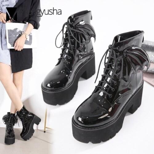 Luxury Little wing botas shiny patent leather riding bottes femme creepers high heels lace up short botines women platform boots