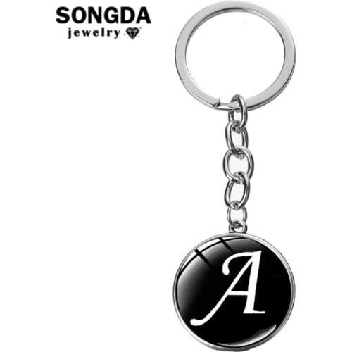 SONGDA Simple A-Z 26 English Letters Key Chain Cute Alphabet Glass Art Photo Charm Keychain Couple Initial Name Key Ring Holder