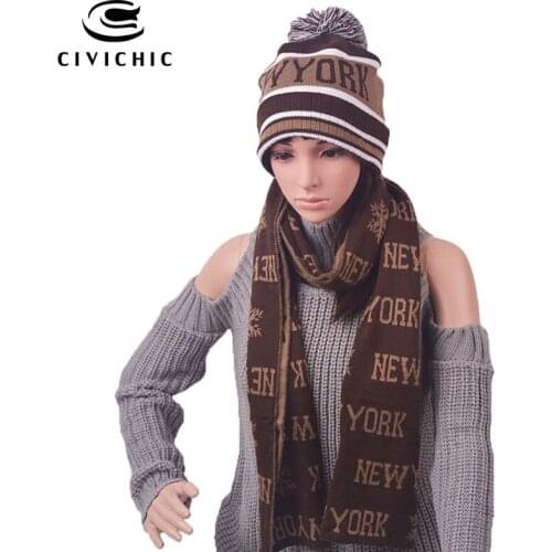 CIVICHIC Unisex Warm Faux Wool Knit Hat Scarf Set Man/woman Christmas Gift Cap New York Print Thicken Headwear Neck Shawl SH108