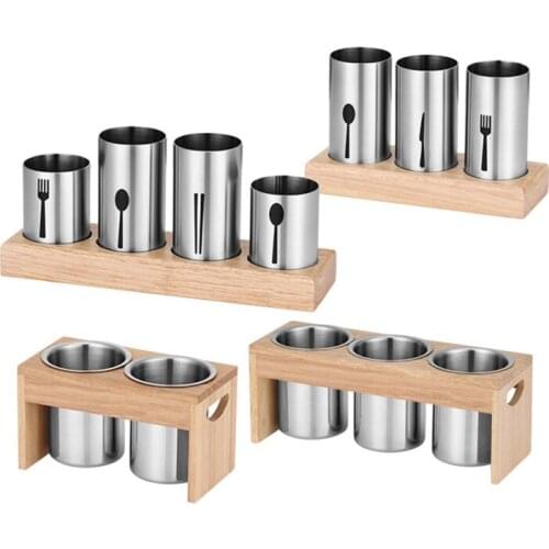 4 Cup Flatware Holder Stainless Steel Cutlery Basket With Wooden Base Stand For Fork Knife Spoon Chopsticks Kitchen Storage