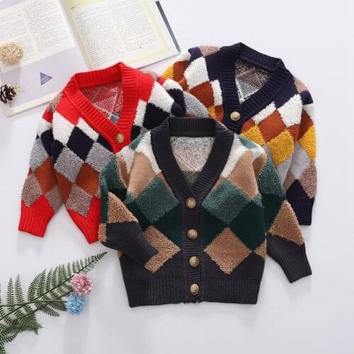 Kids Baby Sweater Cardigan Boys Girls V Neck Knitted Diamond Plaid Sweater Jacket Spring Autumn Single-Breasted Casual Outerwear
