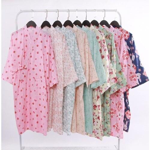 Cotton gauze Nightgown womens long sleeve kimono cartoon bathrobe womens Japanese kimono pajamas thin summer womens home clot