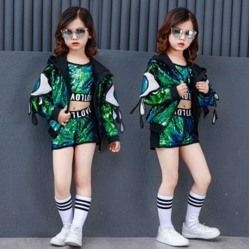 Girls Sequin Hip Hop Hoodies Jacket Clothing Kids Jazz Dance Costume Ballroom Crop Top Shirt Shorts Competition Shows Dance Wear