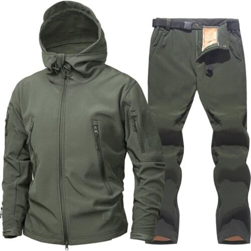 Shark Skin Soft Shell Jackets Suit Men Winter Thermal Fleece Tactical Jackets Outdoor Hooded Coat Waterproof Hiking Jackets Men