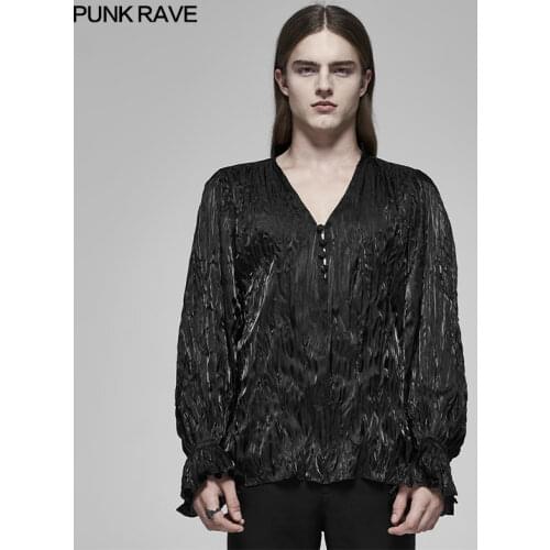 PUNK RAVE Mens Gothic Black Feather Long Sleeve Flounce Cuff Shirt Loose Stage Perofrmance Novelty Men Blouse