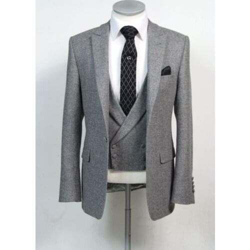 Latest Coat Pant Designs Grey Tweed Double Breasted Men Suit Slim Fit 3 Piece Stylish Tuxedo Custom Groom Prom Suits Vestidos F1