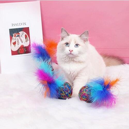 2PCS Cat Ball Toy Interactive Lovely Cat Colorful Feather Toy Cat Rope Ball Pet Chew Toy Training Toys Pet Cat Funny Favor Toy