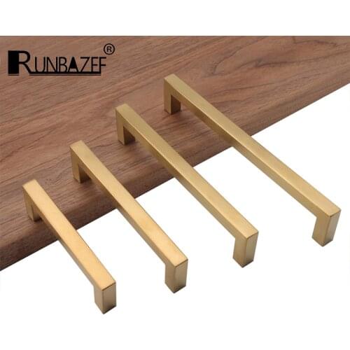RUNBAZEF New Golden Brass Kitchen Cabinet Handles Modern Dresser Pulls Door Handles and Knobs Square Furniture Hardware