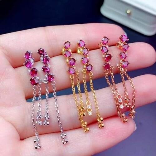 New design. Natural pomegranate earrings for women. Atmospheric fashion. 925 pure silver. Contains the certificate