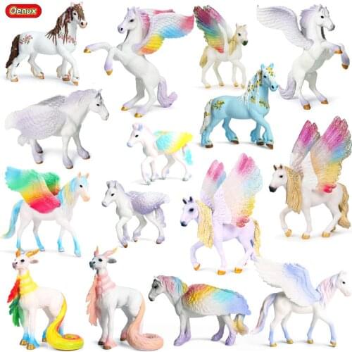 Oenux Simulation Fairy Tale Fly Horse Model Colorful Horse Action Figures Mythical Rainbow Pegasus Animal Figurines Toy Kid Gift