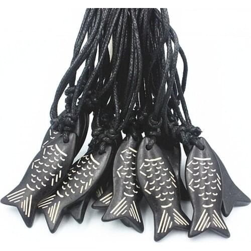 Wholesale Lots 12pcs Cute Fish Pendant Necklace Resin Yak Bone Fish Charms Wax Rope Jewelry XL67