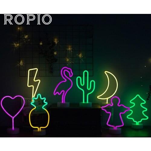 ROPIO Drop Shipping LED Neon Night Light Table Night Lamp Flamingo Cactus Tree Angel Heart Star Moon Night Lamp for Home Decor