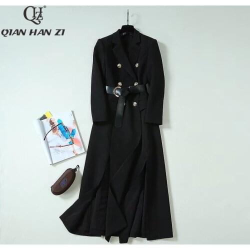 Qian Han Zi 2019 designer winter fashion coat Womens Long Sleeve Vintage Button Slim Long Blazer Robe femme black long coat