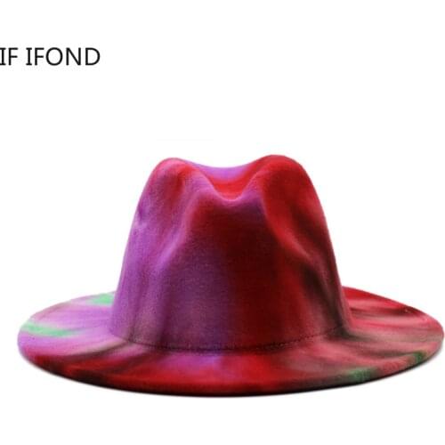 Multicolor Tie-dye Women Men Wool Felted Fedora Hat Gentleman Elegant Lady Winter Autumn Wide Brim Blend Jazz Cap 2021