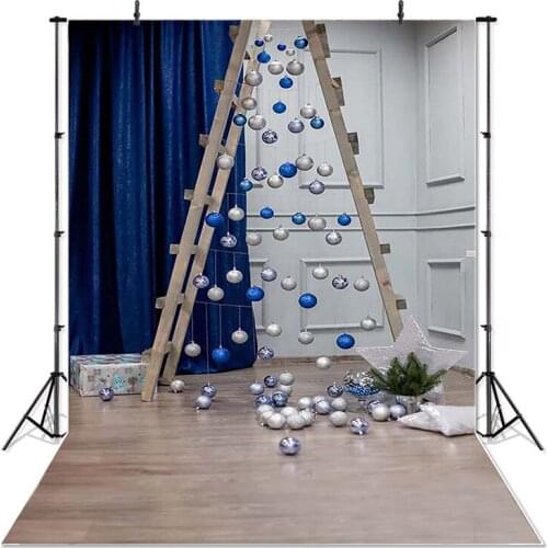 Christmas Photography Background Christmas Decoration Shelf Backdrop Blue Silver Ball Blue Curtain Props Banner For Photo Studio