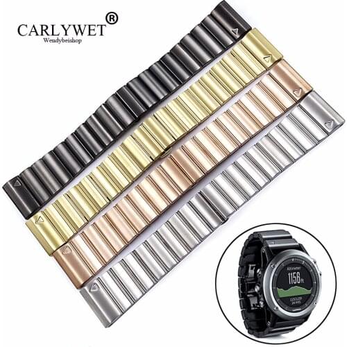 CARLYWET 26mm 316L Stainless Steel Replacement Watch Bands Loops Bracelets Straps With Group Tools For Garmin Fenix 3 HR 5X