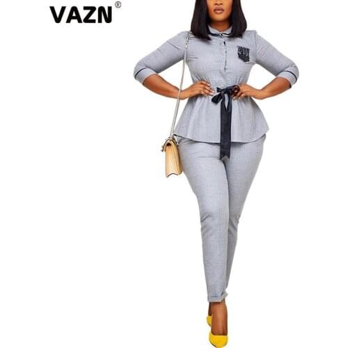 VAZN 2021 Office Lady Special Sexy Elegant O-neck Two Piece Set Full Sleeve Top And Full Pant 2 Piece Set Women Autumn Suit