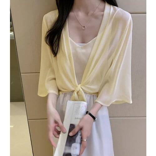 Ladies Summer Shrug Lace-Up Sun Jacket 3/4 Sleeve Solid Color Elegant Cardigan Women Loose Basic Shirt Female Outwear Clothing