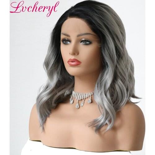 Lvcheryl Ombre Dark Roots To Grey Hand Tied Short Natural Wave Heat Resistant Fiber Hair Synthetic Lace Front wigs for Women