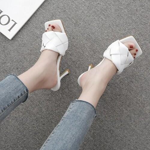 2021 New Fashion weave PU leather womens slipper shoes square toe high heels slippers sandal summer ladies slide dress party