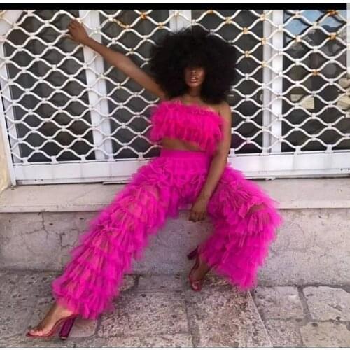 Fuchsia Two Pieces Tulle Sets Women Top And Pant Sheer See Through Tulle Maxi Wear Strapless Tops Long Trousers