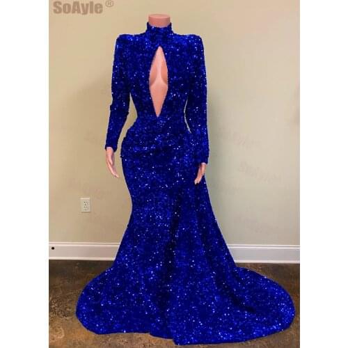 SoAyle Sexy Chest Drop-Shaped Split 2020 Prom Dress long Sleeves Mermaid African Blue Sequins Womens Prom Dresses