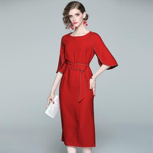 Ladies waist tie with slim thin female dress elegant women dress plus size red S M L XL