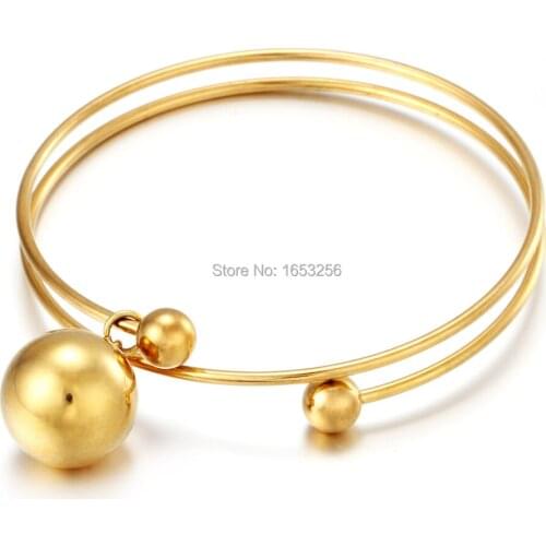 1pcs Gold Stainless Steel Big Round Ball Charms Bracelet Bangle For Women Charming Party Jewelry
