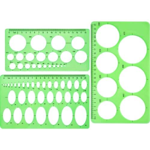 3 Pcs Green Plastic Circle and Oval Templates Measuring Templates Rulers Digital Drawing for Office and School Building Formwork