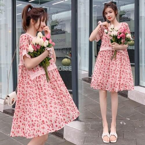 6670# Maternity Clothes Summer Chiffon V Neck Floral Dress Short Sleeves Loose Stylish Dress Pregnant Women Mom Dress