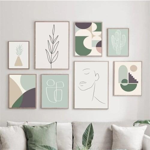 Abstract Minimalist Girl Line Leaf Cactus Nordic Posters and Prints Wall Art Canvas Painting Wall Pictures for Living Room Decor
