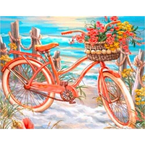 5D Diamond Embroidery DIY Seaside bike flower Diamond Painting Cross Stitch round Drill Needlework Mosaic Decor Paintings