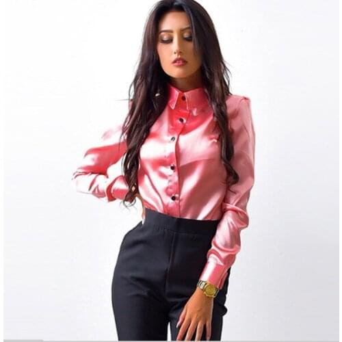 1pcs/lot Women Blouse Elegant Wine red Green Satin top Turn Down Collar Longth Sleeve Female Formal Office Blouse