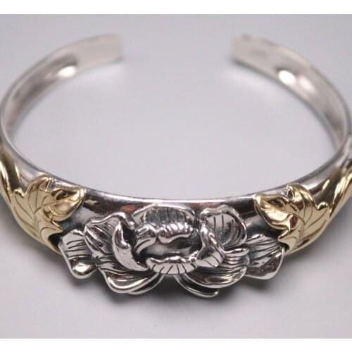 Real 925 Sterling Silver Bracelet Width 18mm Partially Gilt Peony Flower Cuff Bangle Diameter 60mm Adjustable