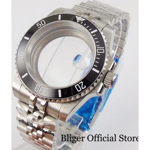 BLIGER Mental 40mm Watch Case Jubilee Bracelet for NH35 MIYOTA 8215 ETA 2836 Magnifier Seeing Clear Back Solid Screw Back
