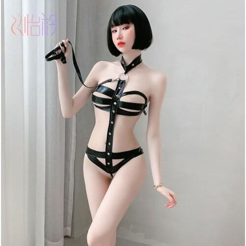 Women Sexy Lingerie Faux Leather Latex Catsuit Black Patent Leather Open Crotch Bodysuit Bandage Nightclub Pole Dancing Clothes