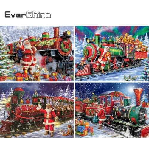 EverShine Full Square Diamond Painting Landscape Needlework Diamond Embroidery Christmas Train Cross Stitch Kits Winter Wall Art